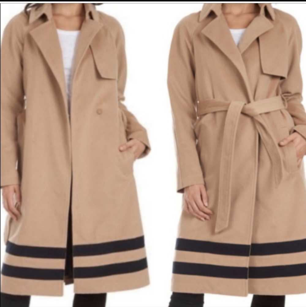 Rachel Roy New NWT Size XS Camel Tan Striped Trench Coat Long Sash Belt